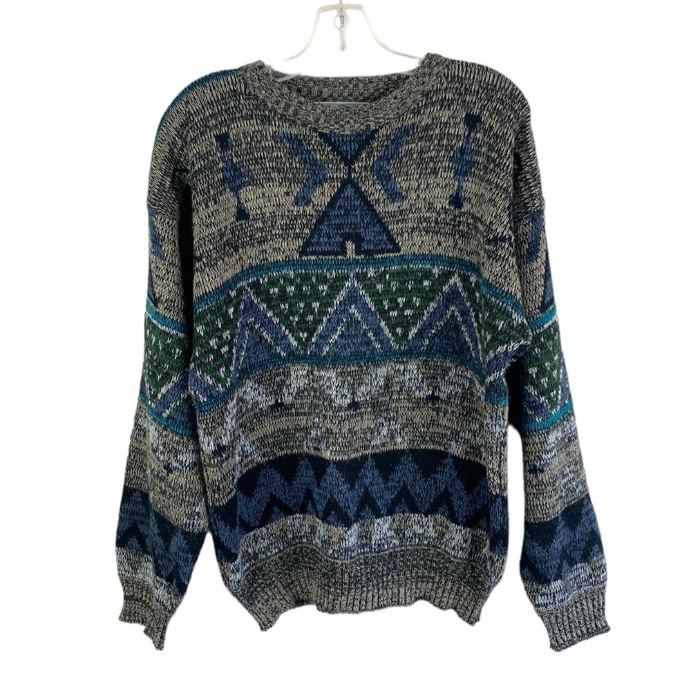 Vintage Permit Grandpa Tribal Native American Print Chunky Knit Sweater Medium